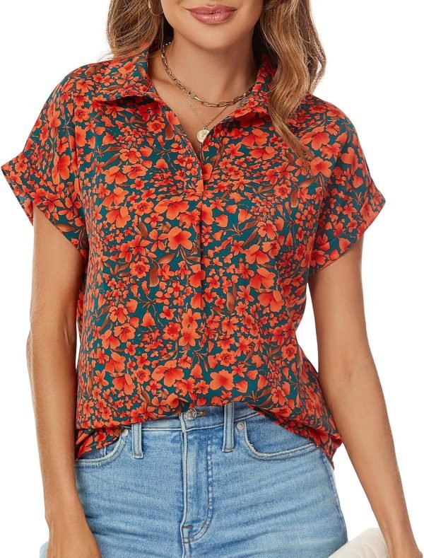 Women's Bat Wing V Neck Short Sleeve Chiffon Blouses for Office Work Business Attire Collared Casual Summer Shirts