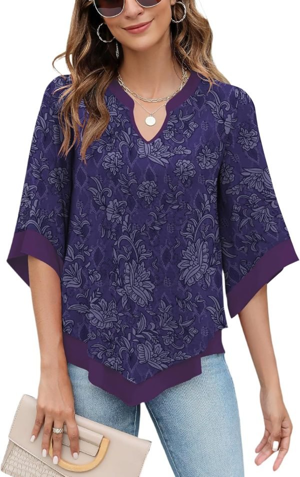 Womens 3/4 Sleeve Chiffon Blouses V Neck Double Layers Mesh Shirts Dressy Flowy Tunic Tops (M-5XL)