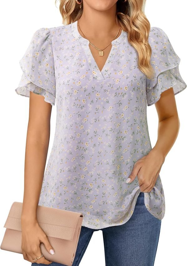 Womens Dressy Chiffon Blouses Summer Puff Petal Short Sleeve Shirts V Neck Casual Work Tops