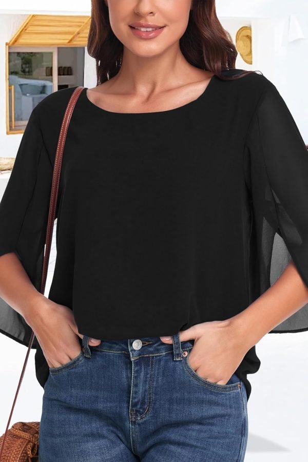 Womens Tops Dressy Casual Summer Chiffon Blouse 3/4 Sleeve Loose Mesh Tunic Shirts