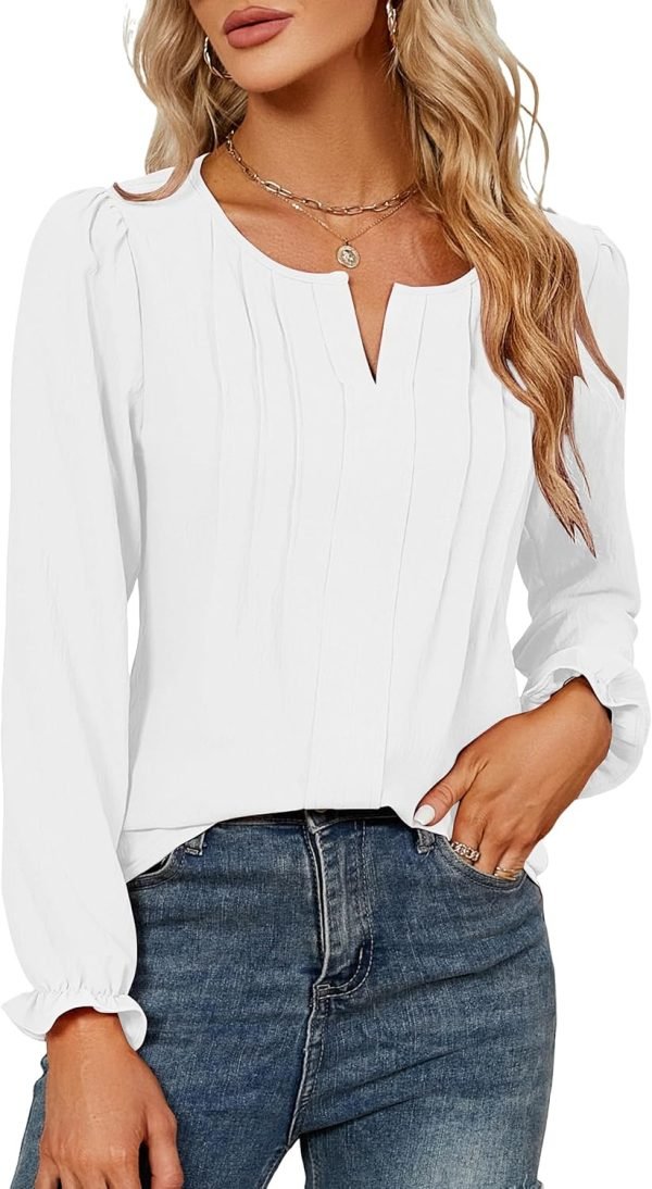 Womens Tops Dressy Casual Long Sleeve Shirts V Neck Chiffon Blouses Fall Clothes 2024