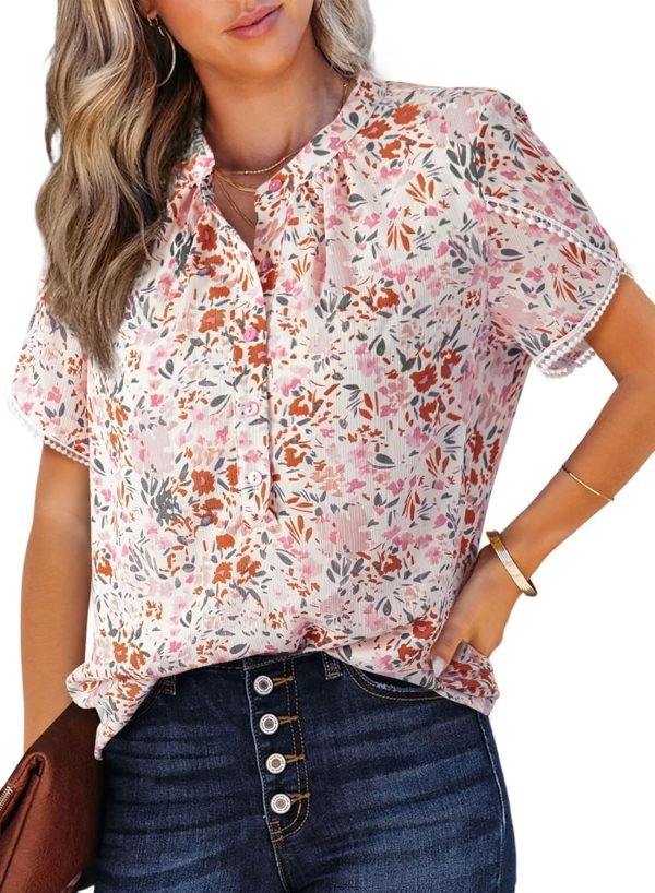 Womens Tops Summer Casual Boho Floral Print Short Sleeve Half Button Down V Neck Chiffon Blouses Shirts