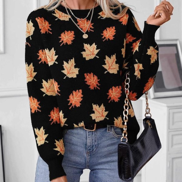 Women's Casual Maple Leaf Print Crewneck Knit Sweater 2024 Fall Winter Fashion Long Sleeve Graphic Loose Jumpers Tops