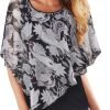 Women's Lightweight Flowy Shirt Double-Layered Printed Chiffon Poncho Blouse Top
