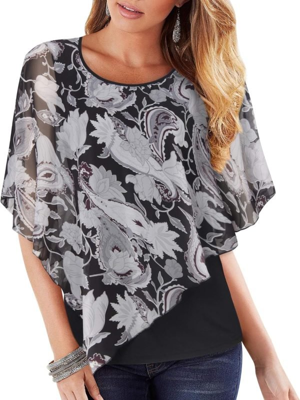 Women's Lightweight Flowy Shirt Double-Layered Printed Chiffon Poncho Blouse Top