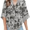 Womens 3/4 Sleeve Chiffon Blouses V Neck Double Layers Mesh Shirts Dressy Flowy Tunic Tops (M-5XL)