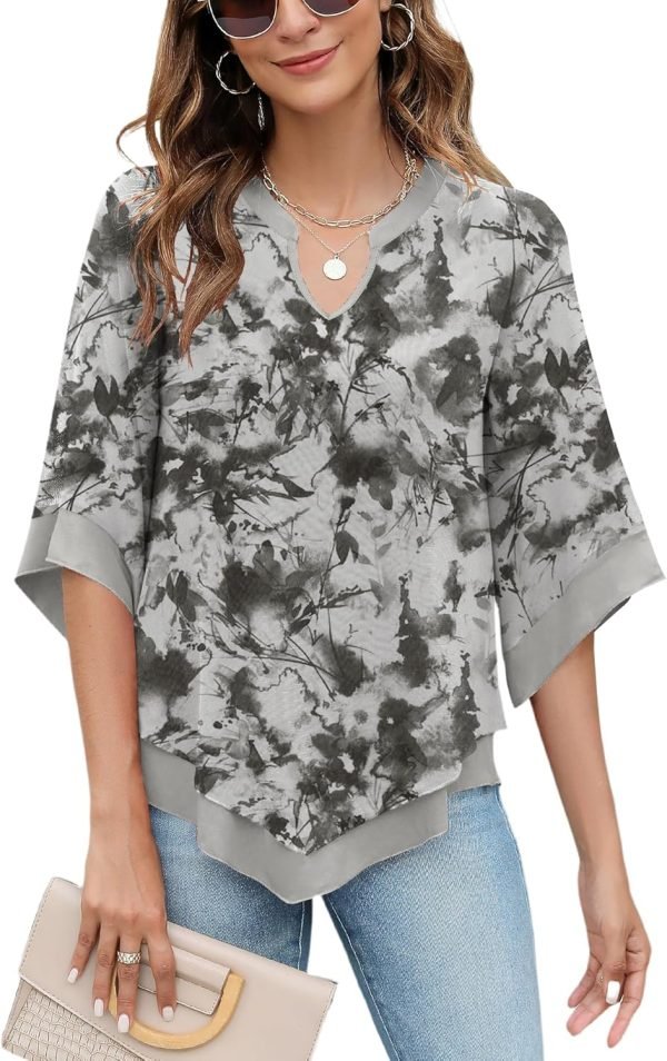 Womens 3/4 Sleeve Chiffon Blouses V Neck Double Layers Mesh Shirts Dressy Flowy Tunic Tops (M-5XL)