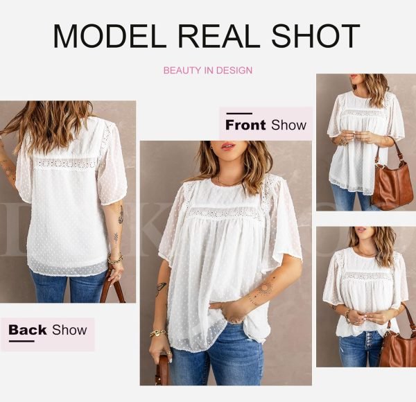 Womens Crewneck Lace Crochet Pom Pom Flowy Short Sleeve Casual Shirts Blouses Tops