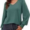 Women's Casual Long Sleeve Tops Shirred Shoulders Solid Color Knit Ribbed T Shirts Blouses