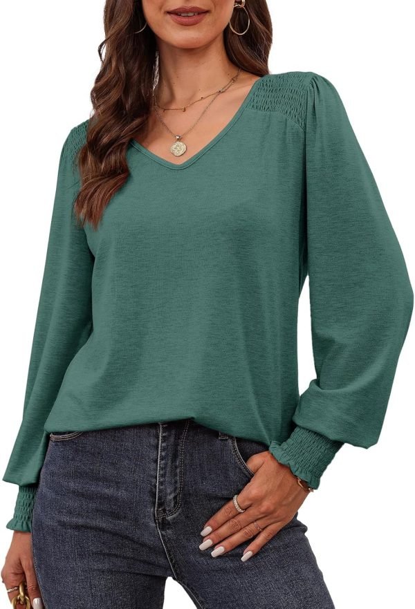 Women's Casual Long Sleeve Tops Shirred Shoulders Solid Color Knit Ribbed T Shirts Blouses
