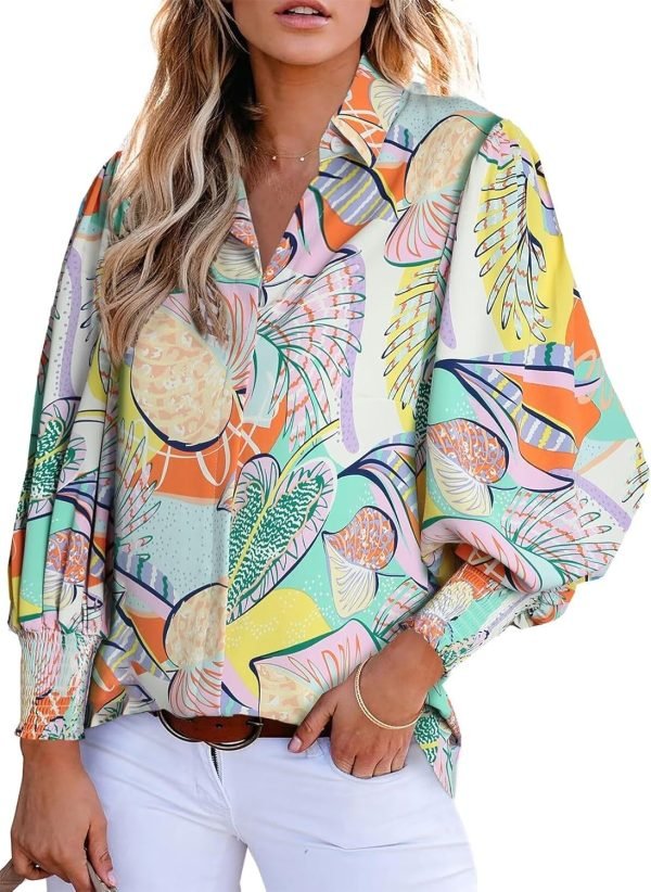 Women 2024 Loose V-Neck Shirts Paisley Print Lantern Sleeve Blouse Tops