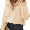 Women's Sweaters Casual Long Sleeve Button Down Crew Neck Ruffle Knit Pullover Sweater Tops Solid Color Striped