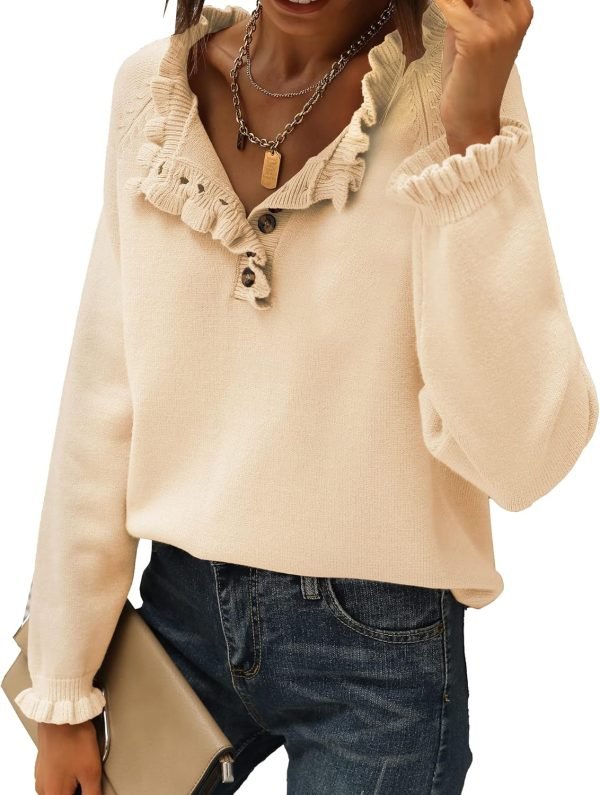 Women's Sweaters Casual Long Sleeve Button Down Crew Neck Ruffle Knit Pullover Sweater Tops Solid Color Striped