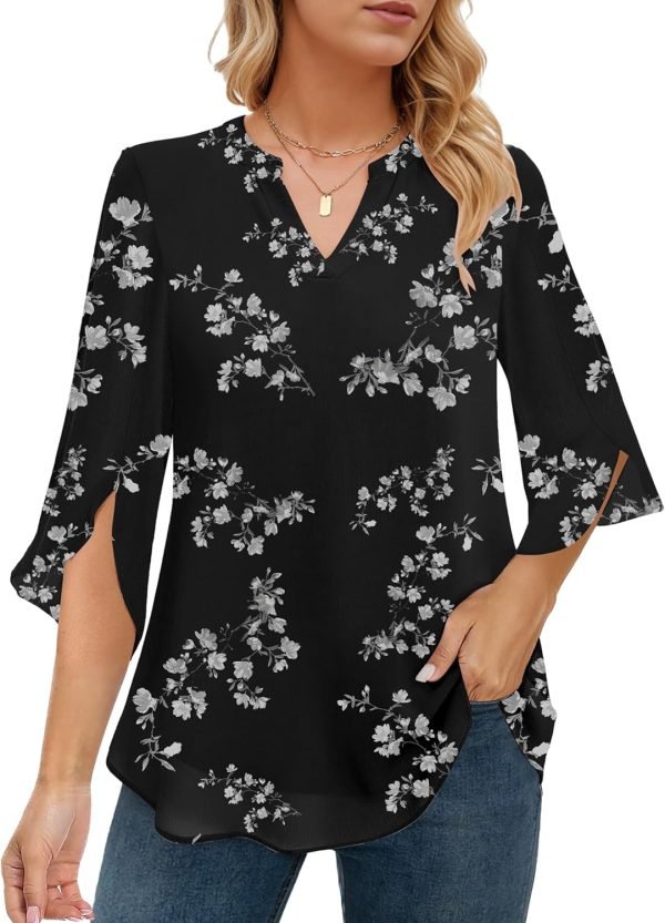 Women's 3/4 Sleeve Chiffon Blouses for Women Dressy Casual, V Neck Double Layers Chiffon Blouses 2024, Tunic Tops