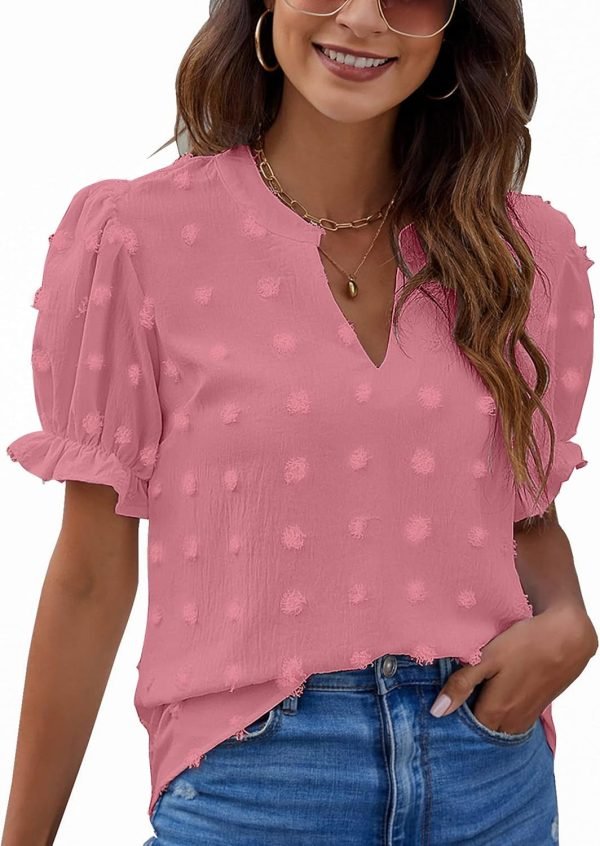 Womens Puff Sleeve Summer Tops Chiffon Short Sleeve Blouses White V Neck Pom Pom Shirts