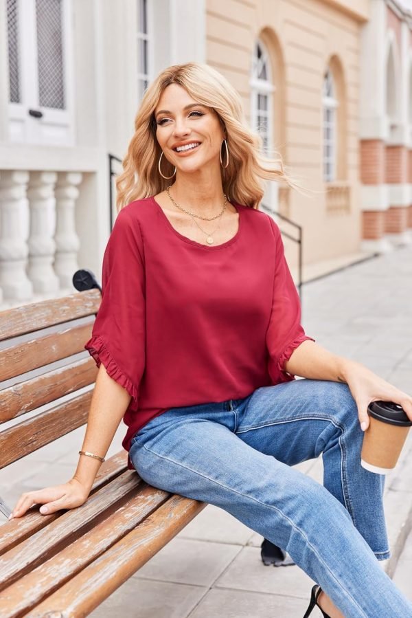 Womens 3/4 Ruffle Sleeve Tops Double Layer Chiffon Blouses Scoop Neck Flowy Tops Elegant Summer Shirt Tunic