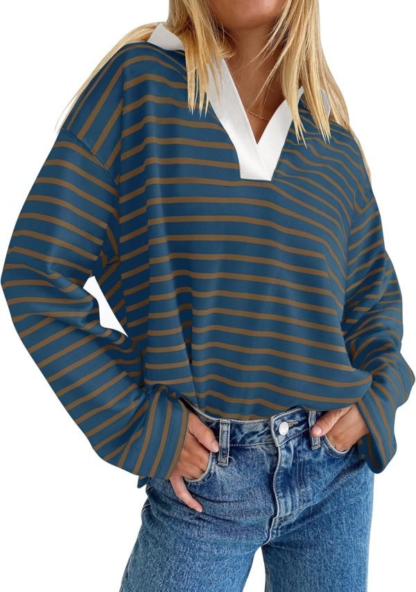 81D10eNAcML._AC_SL1500 Womens Striped Long Sleeve Shirts 2024 Casual V Neck Oversized Sweatshirt Loose Fit Tunic Tops Fall Blouses