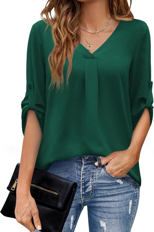 U.Vomade Women's 3/4 Cuffed Sleeve Chiffon V Neck Casual Shirts for Women S-XL