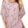 Women's Lightweight Flowy Shirt Double-Layered Printed Chiffon Poncho Blouse Top