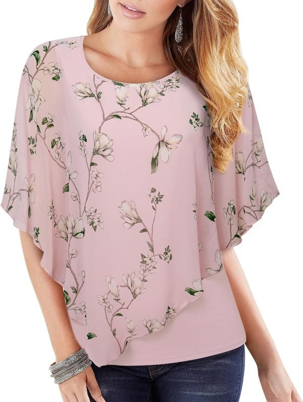 Women's Lightweight Flowy Shirt Double-Layered Printed Chiffon Poncho Blouse Top