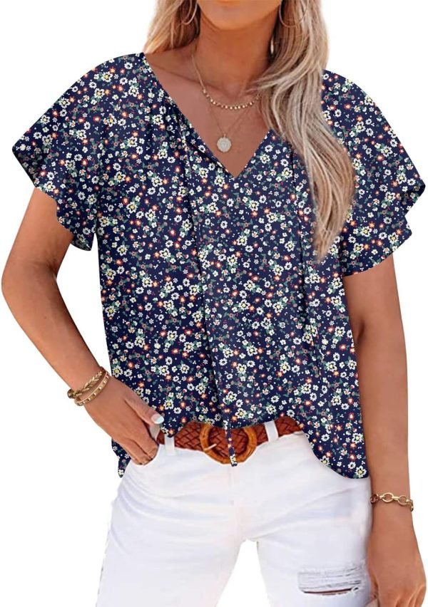 Womens 2024 Summer Tunic Tops Casual Short Sleeve Blouses V Neck Dressy Chiffon Boho Tshirts