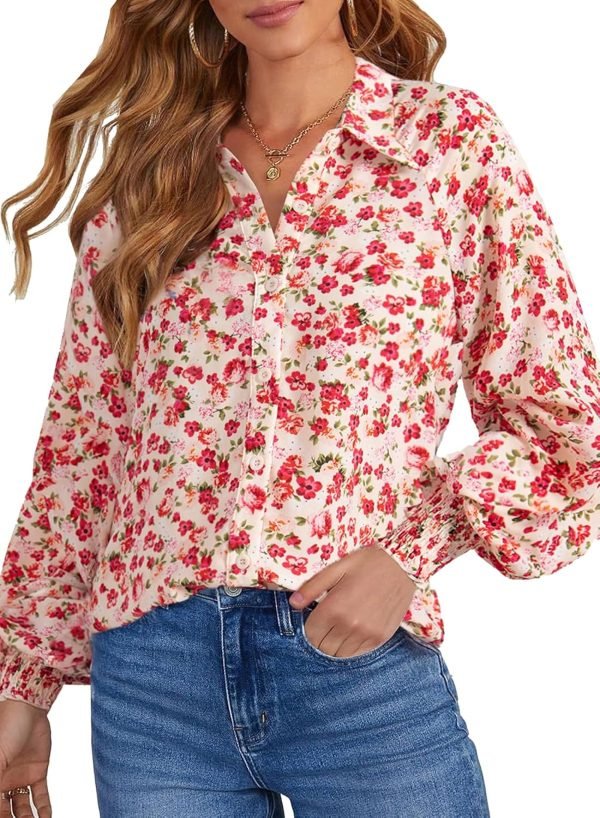 81FtoNczNKL._AC_SL1500 Women's Casual V Neck Allover Floral Print Long Sleeve Chiffon Button Down Blouses Bohemian Top Shirts