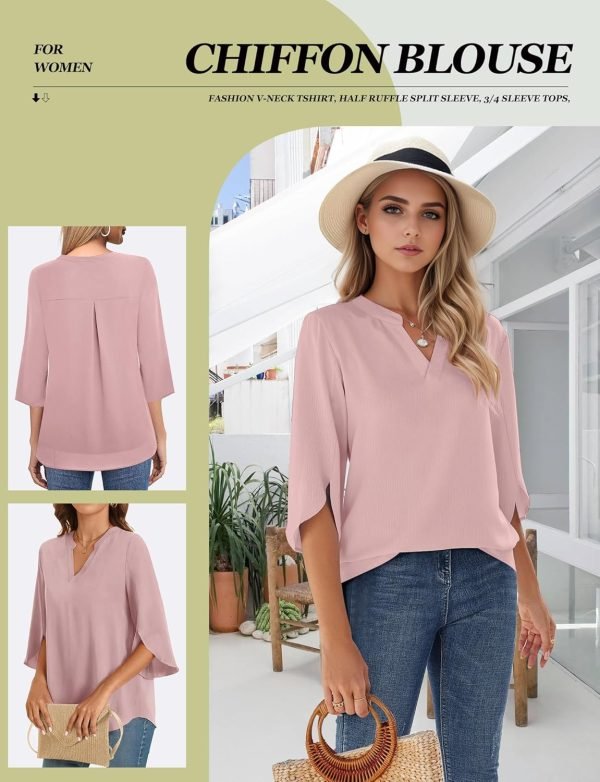 Women's 3/4 Sleeve Chiffon Blouses for Women Dressy Casual, V Neck Double Layers Chiffon Blouses 2024, Tunic Tops