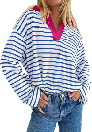 81G4OOkuilL._AC_SL1500 Womens Striped Long Sleeve Shirts 2024 Casual V Neck Oversized Sweatshirt Loose Fit Tunic Tops Fall Blouses