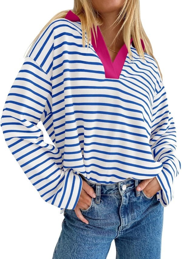 81G4OOkuilL._AC_SL1500 Womens Striped Long Sleeve Shirts 2024 Casual V Neck Oversized Sweatshirt Loose Fit Tunic Tops Fall Blouses