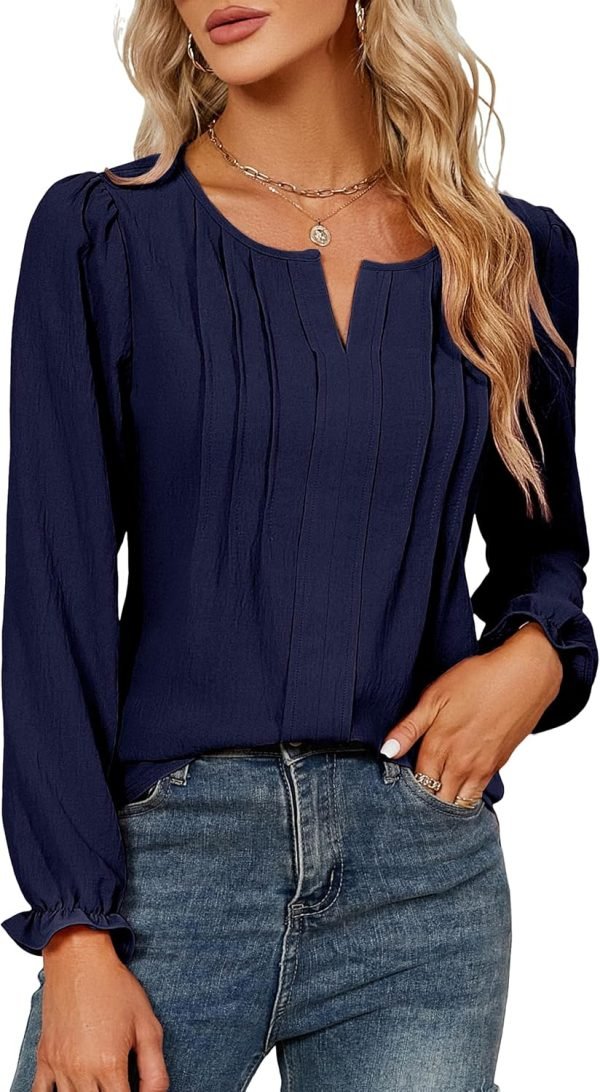 Womens Tops Dressy Casual Long Sleeve Shirts V Neck Chiffon Blouses Fall Clothes 2024