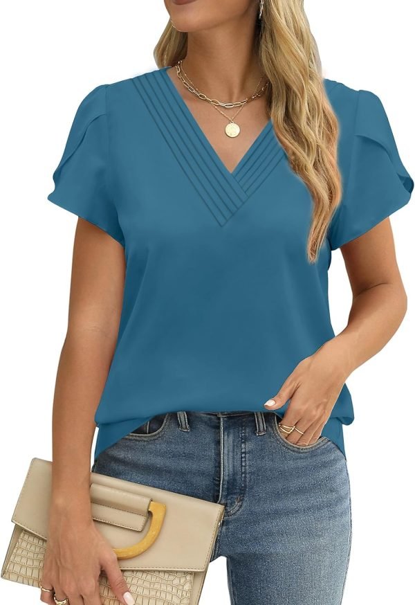 Womens Tops Dressy Casual V Neck Ruffle Short Sleeve Blouse Business Casual Tops Chiffon Flowy Shirt Cute Summer Tops