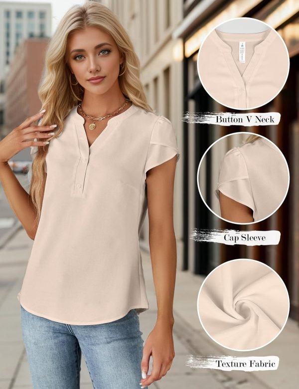Womens Dressy Casual Tops Business Casual Cap Sleeve Work Blouses Chiffon V Neck Button Down Shirts
