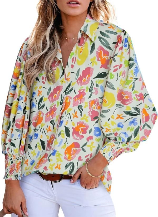 Women 2024 Loose V-Neck Shirts Paisley Print Lantern Sleeve Blouse Tops