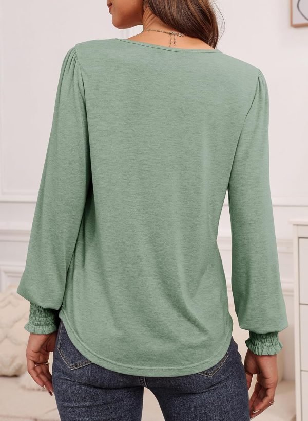 Women's Casual Long Sleeve Tops Shirred Shoulders Solid Color Knit Ribbed T Shirts Blouses