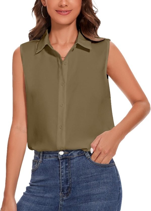 81GuFDdcSXL._AC_SL1500 Womens Sleeveless Button Down Shirt Classic Collared Blouse Basic Tank Tops Work Office Chiffon Tops
