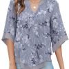 Womens 3/4 Sleeve Chiffon Blouses V Neck Double Layers Mesh Shirts Dressy Flowy Tunic Tops (M-5XL)