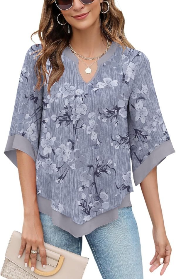 Womens 3/4 Sleeve Chiffon Blouses V Neck Double Layers Mesh Shirts Dressy Flowy Tunic Tops (M-5XL)