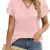 Womens Tops Dressy Casual V Neck Ruffle Short Sleeve Blouse Business Casual Tops Chiffon Flowy Shirt Cute Summer Tops