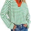 81H6Ef7Af5L._AC_SL1500 Womens Striped Long Sleeve Shirts 2024 Casual V Neck Oversized Sweatshirt Loose Fit Tunic Tops Fall Blouses