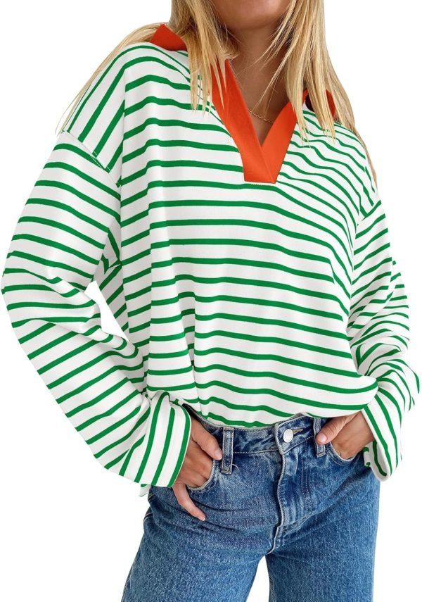 81H6Ef7Af5L._AC_SL1500 Womens Striped Long Sleeve Shirts 2024 Casual V Neck Oversized Sweatshirt Loose Fit Tunic Tops Fall Blouses