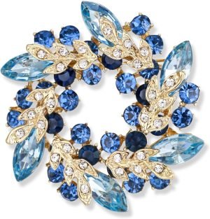 81HnEkigd0L._AC_SL1500 Austrian Crystal Wedding Flower Wreath Brooch Pin Blue Sapphire Color Gold-Tone