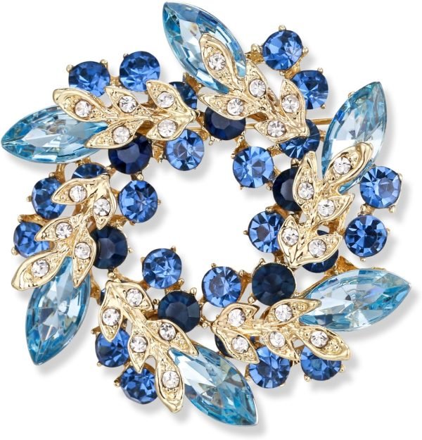Austrian Crystal Wedding Flower Wreath Brooch Pin Blue Sapphire Color Gold-Tone