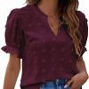 Womens Puff Sleeve Summer Tops Chiffon Short Sleeve Blouses White V Neck Pom Pom Shirts