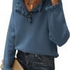 Women's Sweaters Casual Long Sleeve Button Down Crew Neck Ruffle Knit Pullover Sweater Tops Solid Color Striped