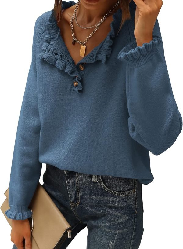 Women's Sweaters Casual Long Sleeve Button Down Crew Neck Ruffle Knit Pullover Sweater Tops Solid Color Striped