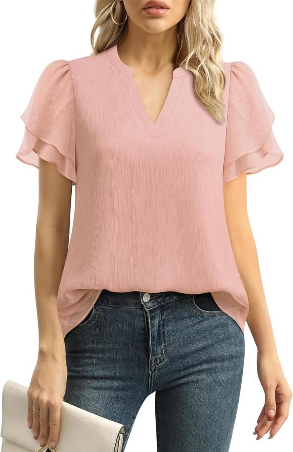 Womens Dressy Chiffon Blouses Summer Puff Petal Short Sleeve Shirts V Neck Casual Work Tops
