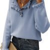 Women's Sweaters Casual Long Sleeve Button Down Crew Neck Ruffle Knit Pullover Sweater Tops Solid Color Striped