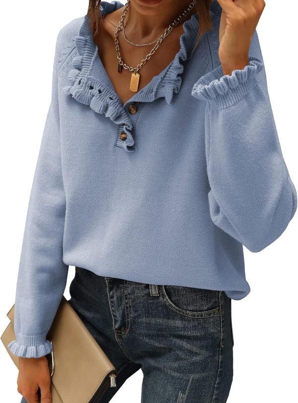 Women's Sweaters Casual Long Sleeve Button Down Crew Neck Ruffle Knit Pullover Sweater Tops Solid Color Striped