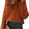 Women's Sweaters Casual Long Sleeve Button Down Crew Neck Ruffle Knit Pullover Sweater Tops Solid Color Striped