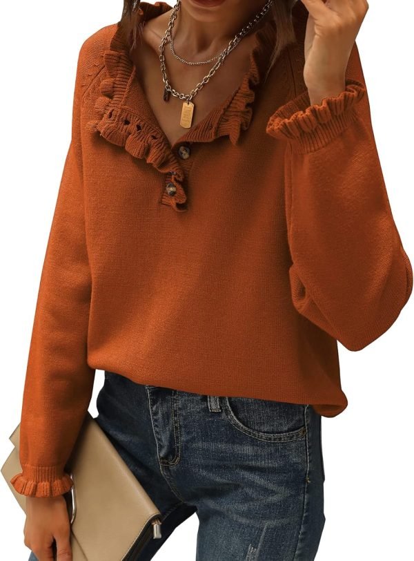 Women's Sweaters Casual Long Sleeve Button Down Crew Neck Ruffle Knit Pullover Sweater Tops Solid Color Striped